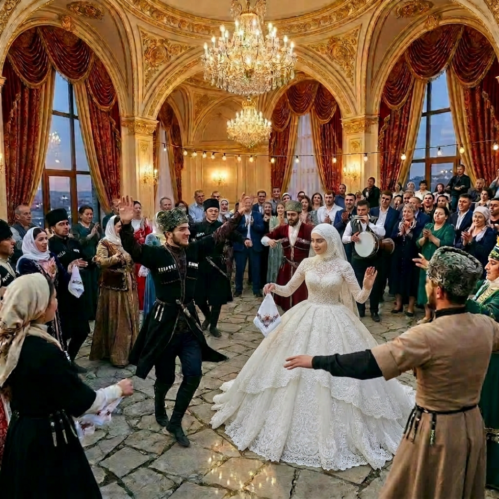 People in traditional Caucasian attire dancing and celebrating a wedding outdoors with mountains and a fortress in the background